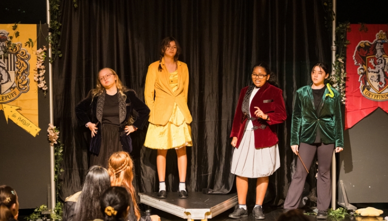 AISM Drama Club students in costume for the Puffs school theatre production